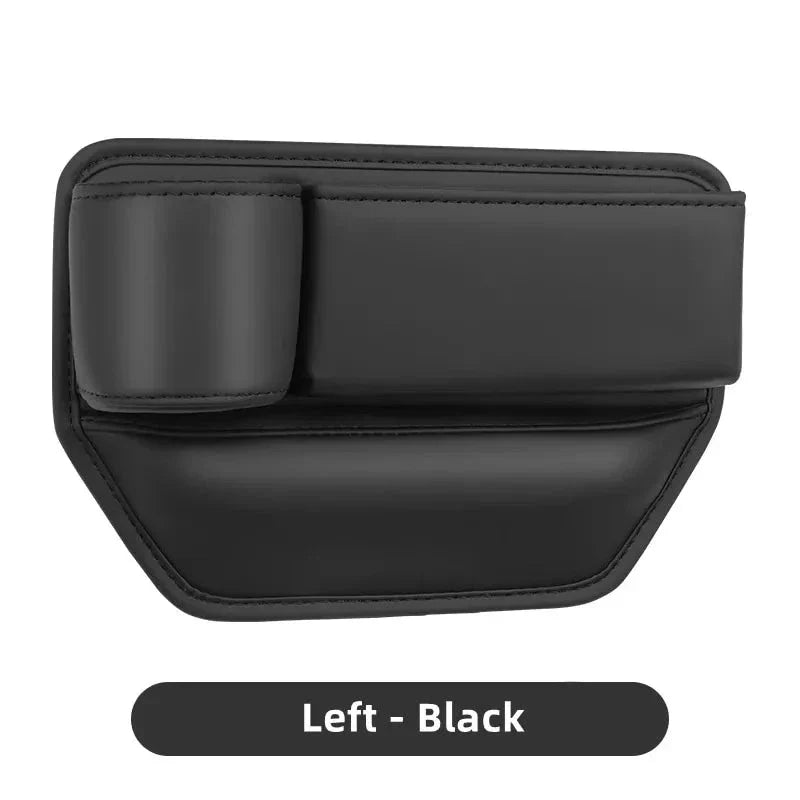 Leather Car Seat Gap Organiser with multiple storage compartments and cup holder, designed for easy installation and a sleek look in your vehicle.