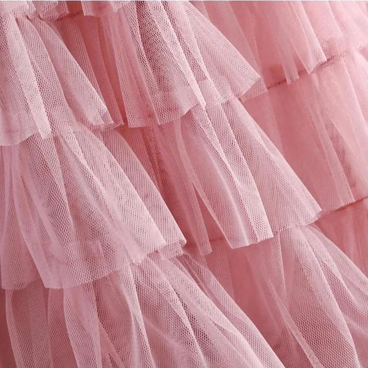 Elegant British Summer Tulle Skirt in Champagne colour, featuring a flattering A-line silhouette and charming tiered design