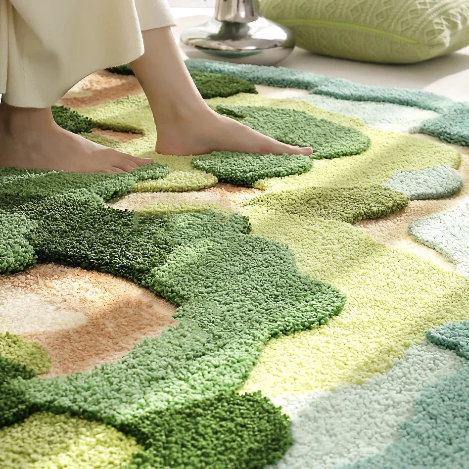 Elegant irregular-shaped Mountain Forest Flocked Carpet with a Kilim-inspired plant pattern, made from soft and durable 100% polyester material.