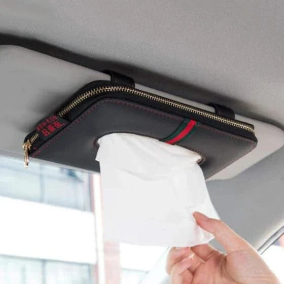 Polyurethane leather clutch-style tissue box cover for car, featuring a sophisticated design and convenient features.