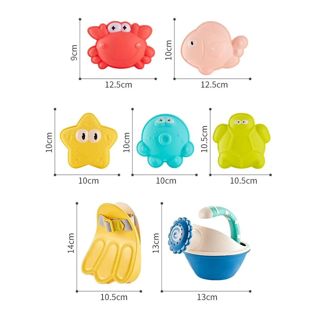 Colourful and vibrant baby beach toy set with shovels, sand moulds, and a convenient carry bag