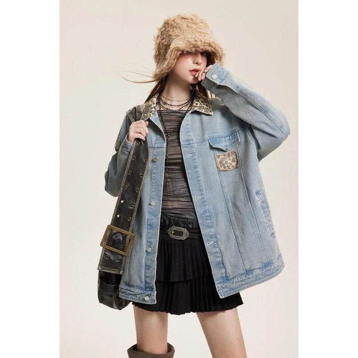 Stylish leopard-print denim jacket with a patchwork design, perfect for versatile fashion.