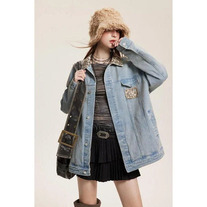 Stylish leopard-print denim jacket with a patchwork design, perfect for versatile fashion.