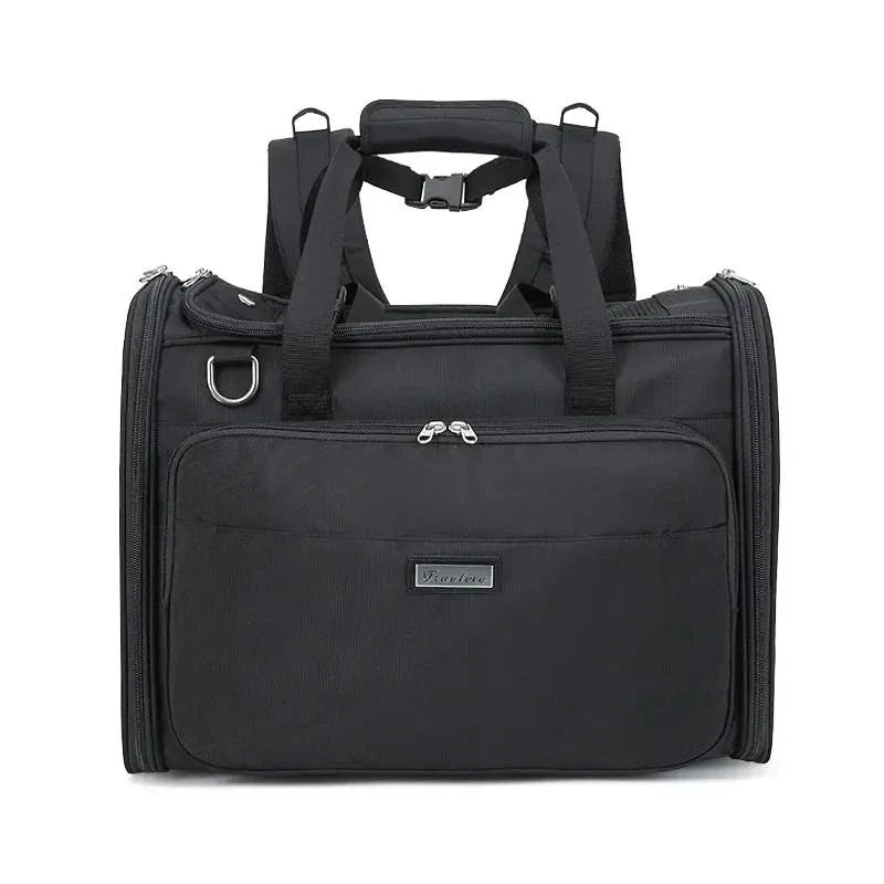 Premium water-resistant pet carrier bag made of eco-friendly 420D polyester with breathable mesh panels and ergonomic design for comfortable pet travel.