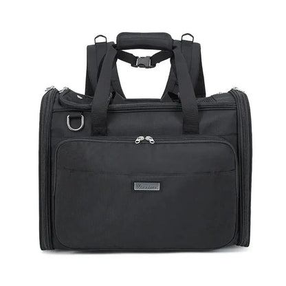 Premium water-resistant pet carrier bag made of eco-friendly 420D polyester with breathable mesh panels and ergonomic design for comfortable pet travel.
