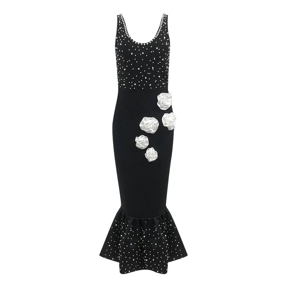 Elegant slim-fit beaded floral dress in black colour