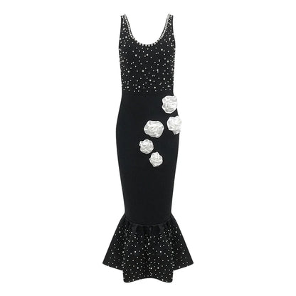 Elegant slim-fit beaded floral dress in black colour