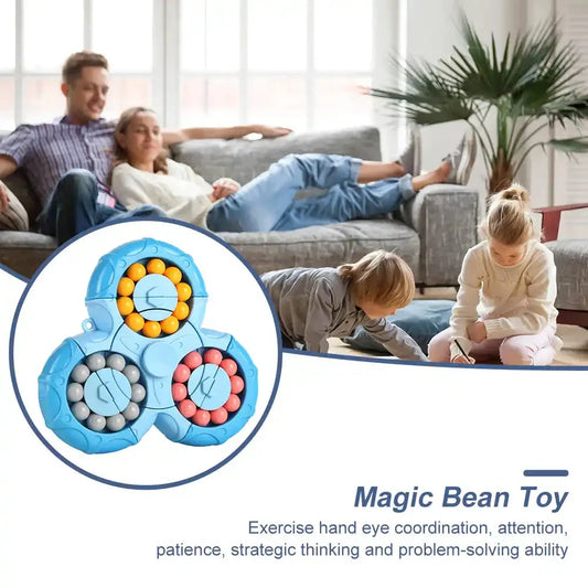 A vibrant, colourful fingertip puzzle cube with a unique rotating mechanism designed to challenge the mind and relieve stress.