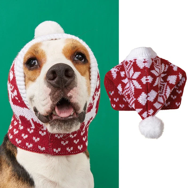 A cosy, knitted pet hat in a festive snowflake and reindeer design, available in various sizes to fit dogs and cats.