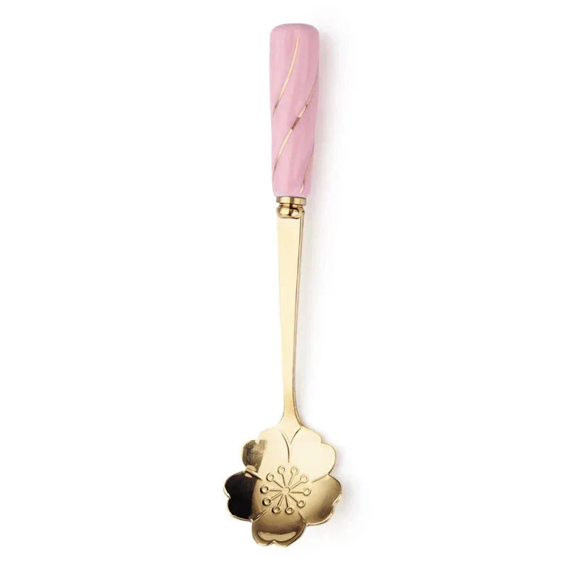 Elegant gold-plated mini stainless steel dessert spoons with colourful ceramic handles and floral designs