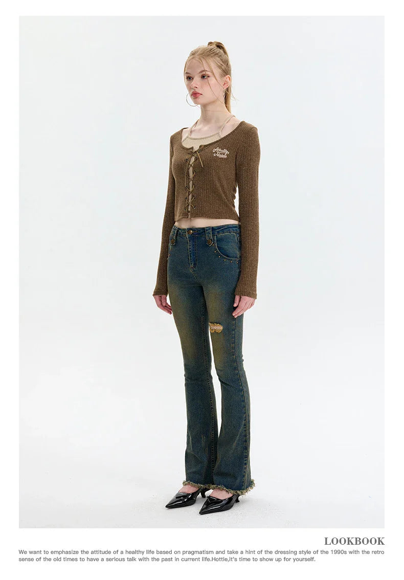 Elegant and cosy embroidered knit cardigan in grey and coffee colours, featuring long sleeves and a slim fit silhouette for stylish British women