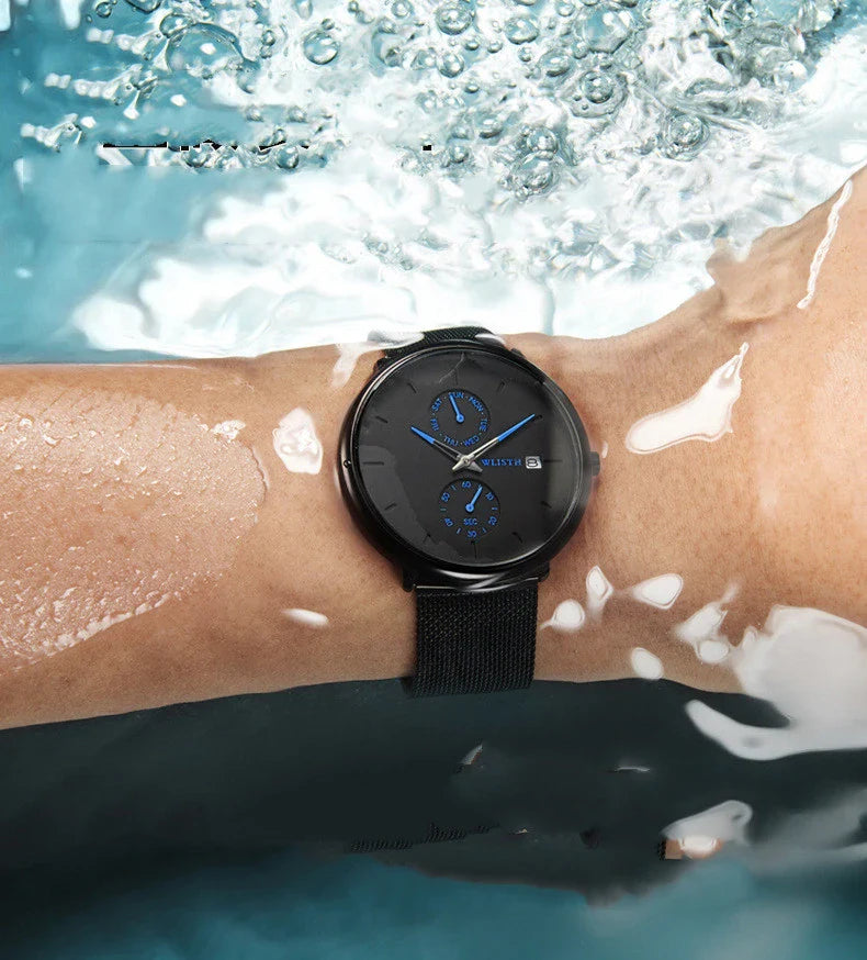 Classic and sophisticated men's watch with luminous display, week indicator, and water-resistant design