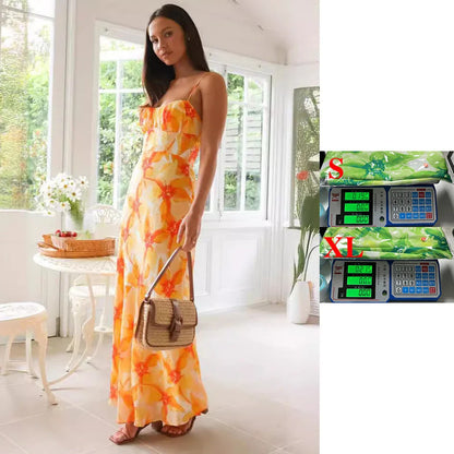 Elegant floral midi dress with backless design, available in yellow, purple, and green colours