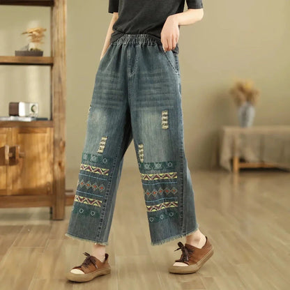 Boho Chic Wide-Leg Jeans with Intricate Vintage Embroidery and Distressed Finish