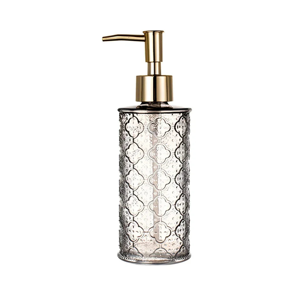 Elegant glass soap dispenser with sleek, minimalist design for bathroom and kitchen use