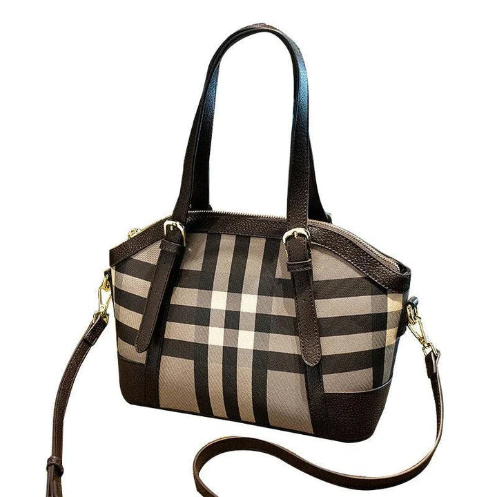 Premium British Ladies' Plaid Shoulder Tote Bag in a stylish brown colour, featuring a spacious bucket design and a classic plaid pattern