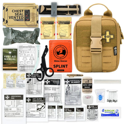 Comprehensive IFAK Trauma First Aid Kit for car, home, travel, hiking, and camping with essential medical supplies