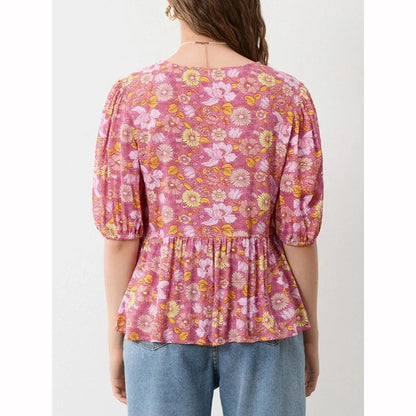 Elegant floral lace-up bow blouse with unique hollow-out details and a delicate floral print