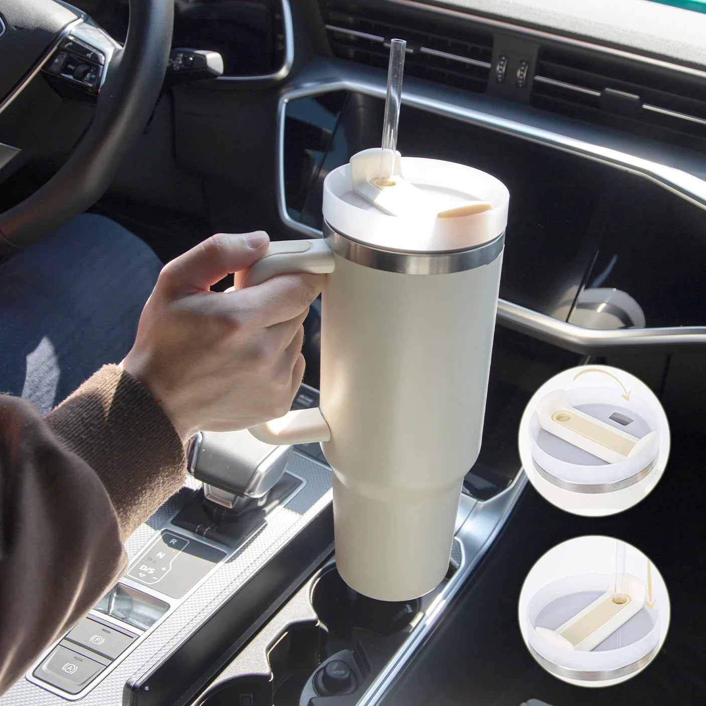 Premium insulated travel mug with straw, made of high-quality stainless steel to keep drinks hot or cold for up to 24 hours
