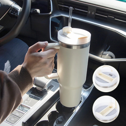 Premium insulated travel mug with straw, made of high-quality stainless steel to keep drinks hot or cold for up to 24 hours