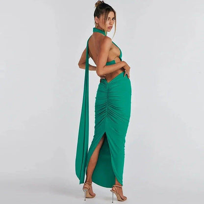 Elegant backless cocktail dress set with halter crop top and maxi skirt, perfect for summer events and occasions