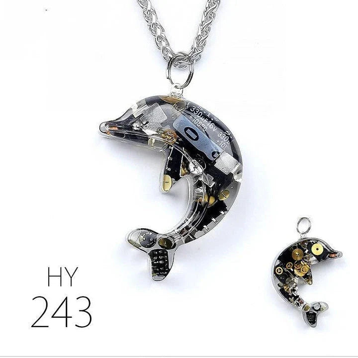 Steampunk-inspired dolphin pendant necklace with electronic components and brass accents