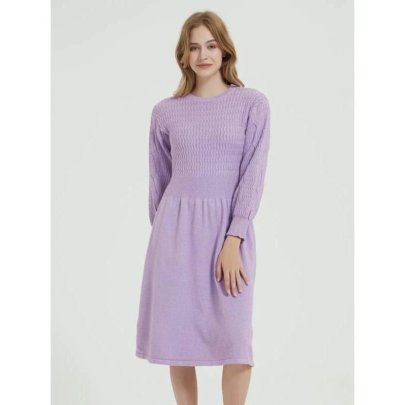Elegant long sleeve knitted sweater dress in red with a classic A-line silhouette and mid-calf length