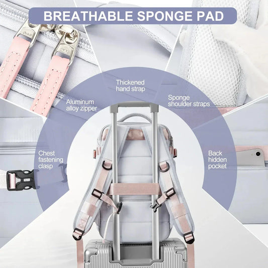 Compact and versatile women's travel backpack with airline-approved dimensions, convertible design, and secure storage for electronics