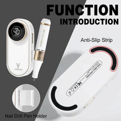 Cordless electric nail drill with 40,000 RPM motor, rechargeable battery, and HD display for professional-quality nail care