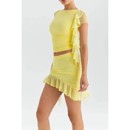 Elegant ruffle two-piece crop top and mini skirt set in yellow colour