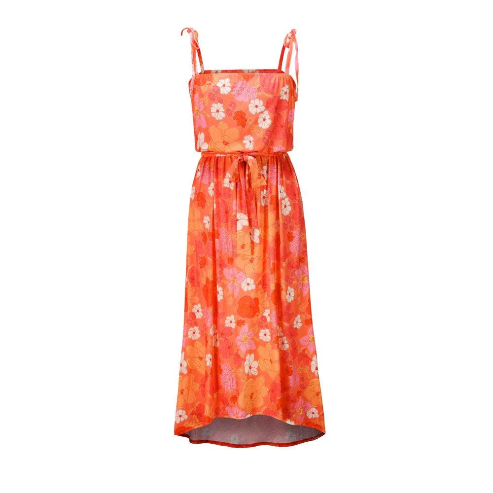 Printed camisole dress with a flattering mid-length swing skirt and a high-waisted design for a stylish, figure-enhancing look.
