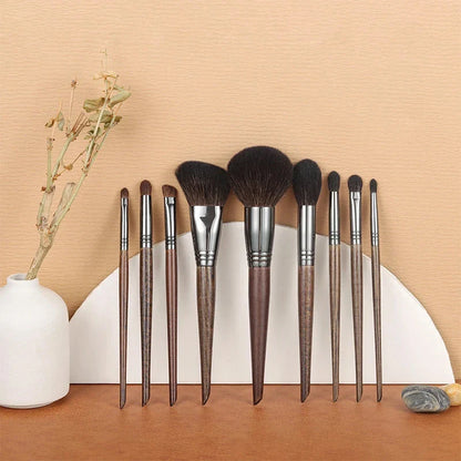 9-piece premium makeup brush set with soft goat hair bristles and natural wood handles for flawless, long-lasting makeup application