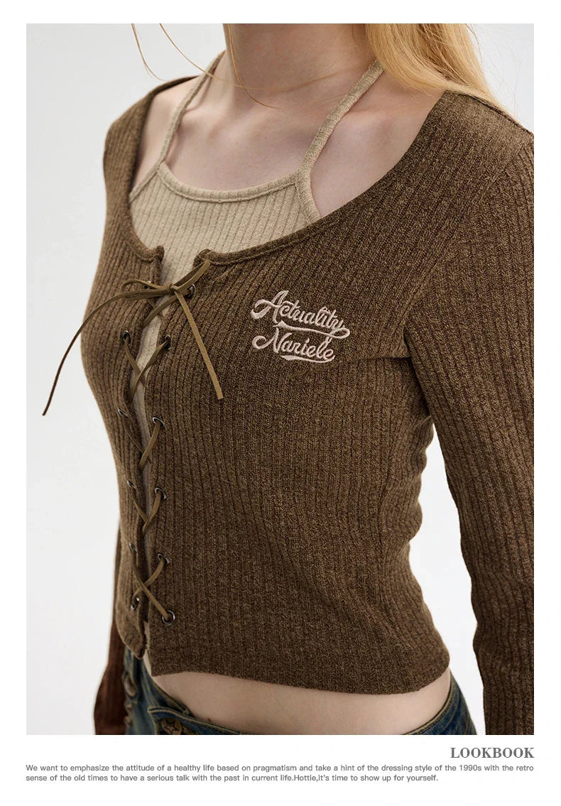 Elegant and cosy embroidered knit cardigan in grey and coffee colours, featuring long sleeves and a slim fit silhouette for stylish British women