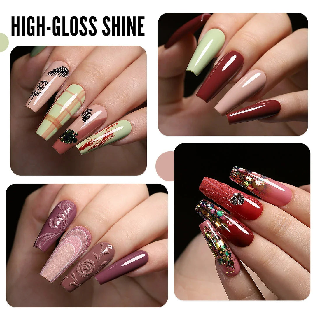 A set of six nude-coloured gel nail polishes in an autumn-inspired collection for long-lasting, salon-quality manicures