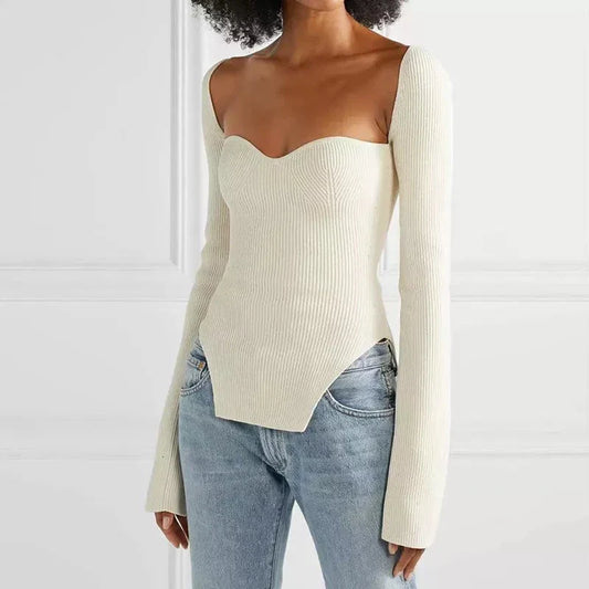 Elegant white knit jumper with side split and square neckline, perfect for casual and formal wear