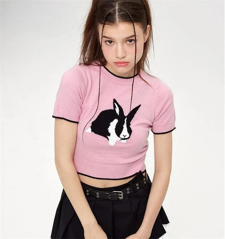 Charming Rabbit Cartoon Short Sleeve Knitted Top in Grey
