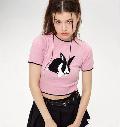 Charming Rabbit Cartoon Short Sleeve Knitted Top in Grey