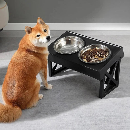 Adjustable height dog bowl stand with slow feeding option, suitable for medium to large dogs