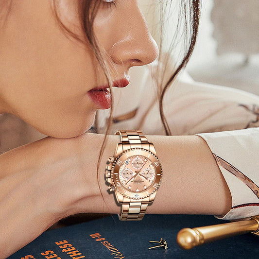 Elegant ladies' fashion watch with multifunctional features like luminous display, calendar, and 24-hour indication for professional use