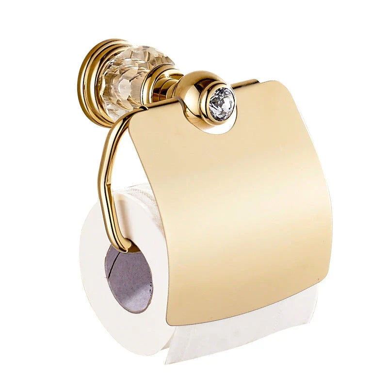 Elegant gold brass toilet roll holder with crystal decorations for a luxurious bathroom accessory