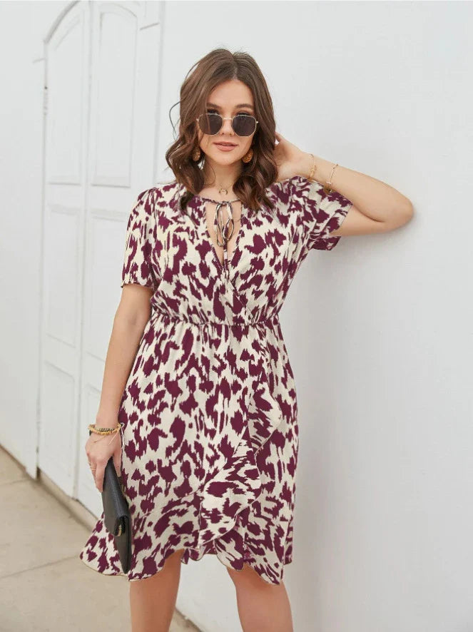 Elegant V-Neck Short Sleeve Printed Dress in Rose Red, Brown, and Black colours