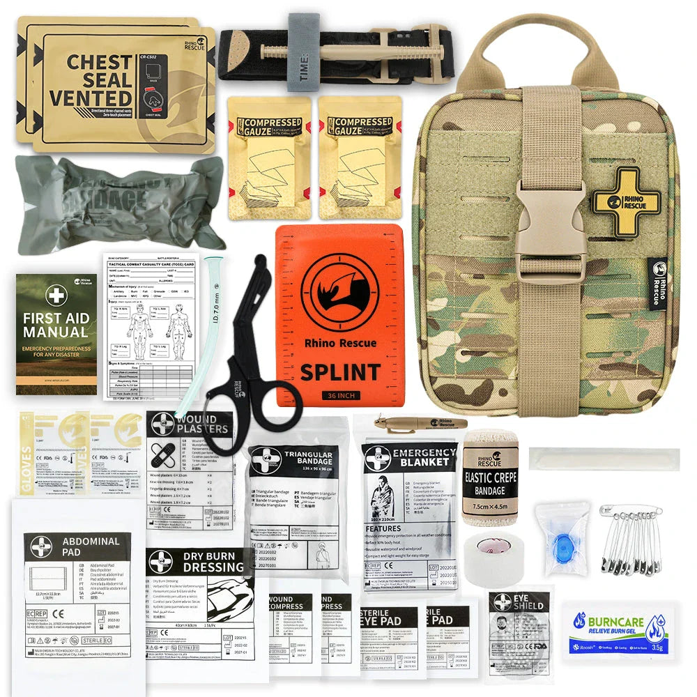 Comprehensive IFAK Trauma First Aid Kit for car, home, travel, hiking, and camping with essential medical supplies