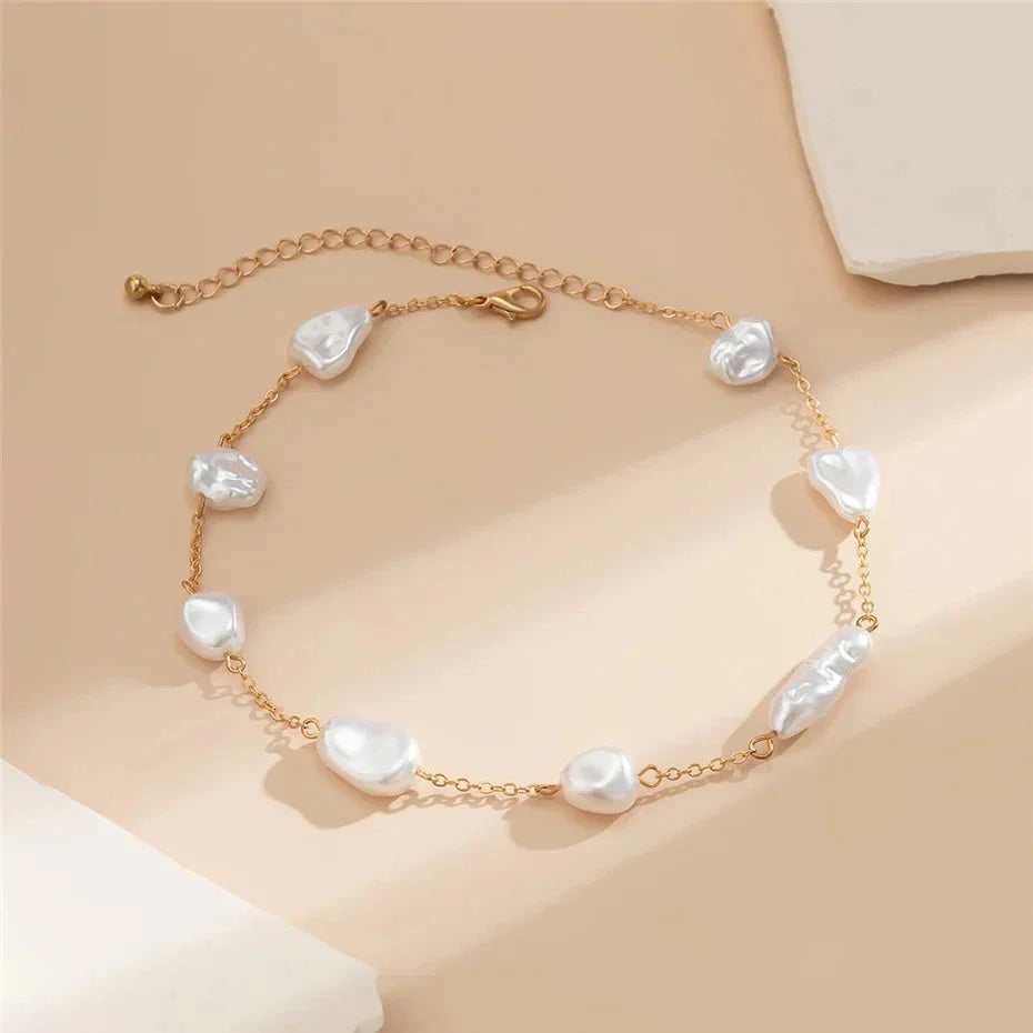 Elegant Pearl Clavicle Chain Necklace with round big pearl beads, alloy, and rhinestone elements