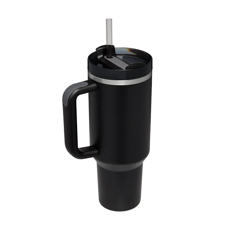 Premium insulated travel mug with straw, made of high-quality stainless steel to keep drinks hot or cold for up to 24 hours