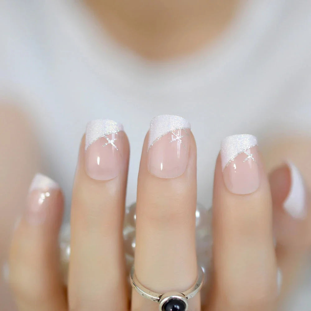 Iridescent white glitter short square French nail tips for a dazzling manicure