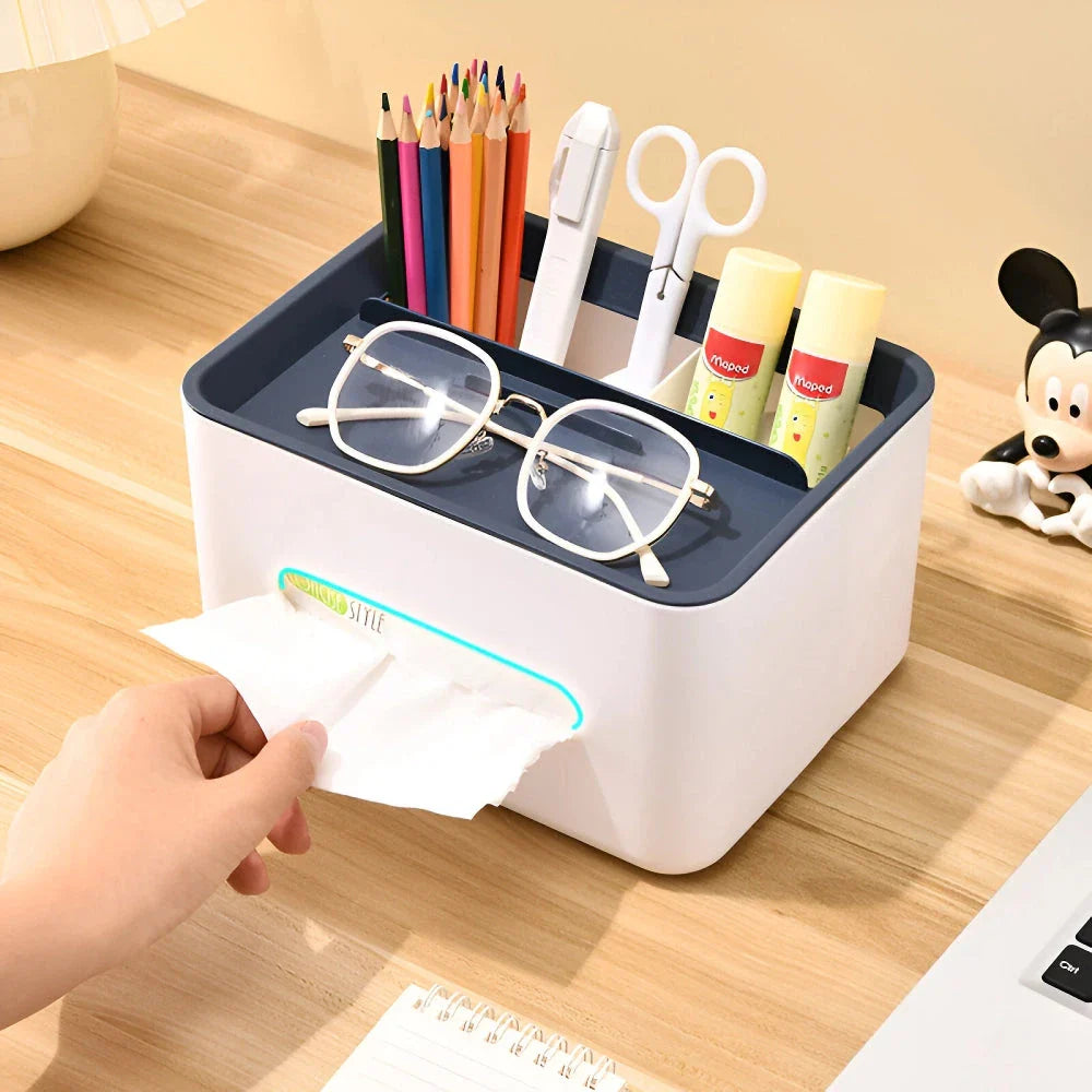 Elegant Tissue Holder and Desk Organiser - a multifunctional product that combines a tissue box with storage compartments for a tidy and stylish workspace or living area