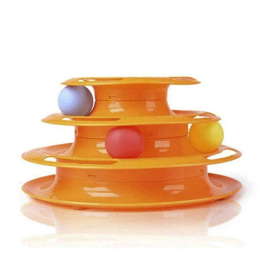 A yellow cat pyramid toy with colourful bouncing balls, designed to engage and entertain your feline companion