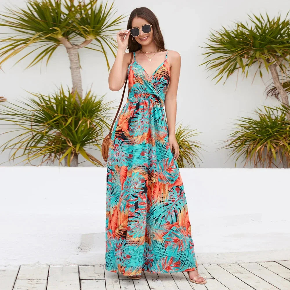 Elegant bohemian-inspired paisley print maxi dress with spaghetti straps and V-neckline