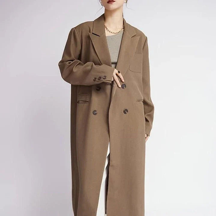 Elegant double-breasted coffee trench coat for women, featuring a wide-waisted design, turn-down collar, and full-length sleeves for a flattering and functional look.