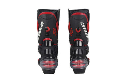 Durable all-weather motorcycle boots with microfiber leather, carbon fibre reinforcements, and shock-absorbing sole for versatile protection and style